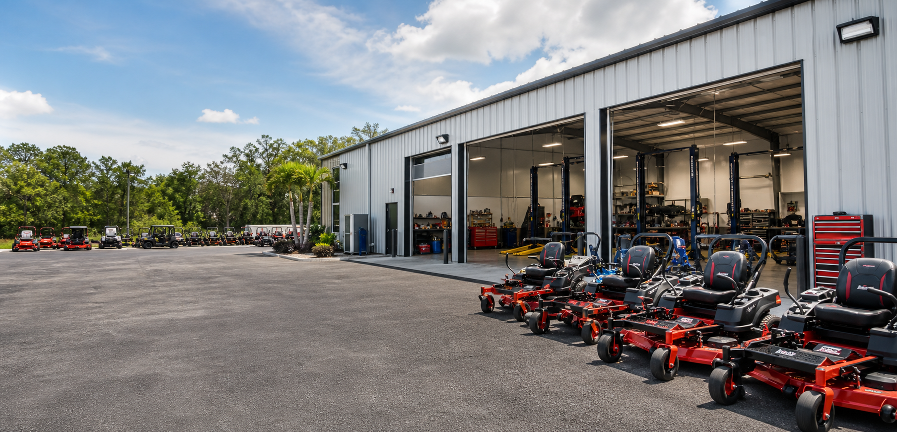 Service bay with zero-turn mowers and repair equipment